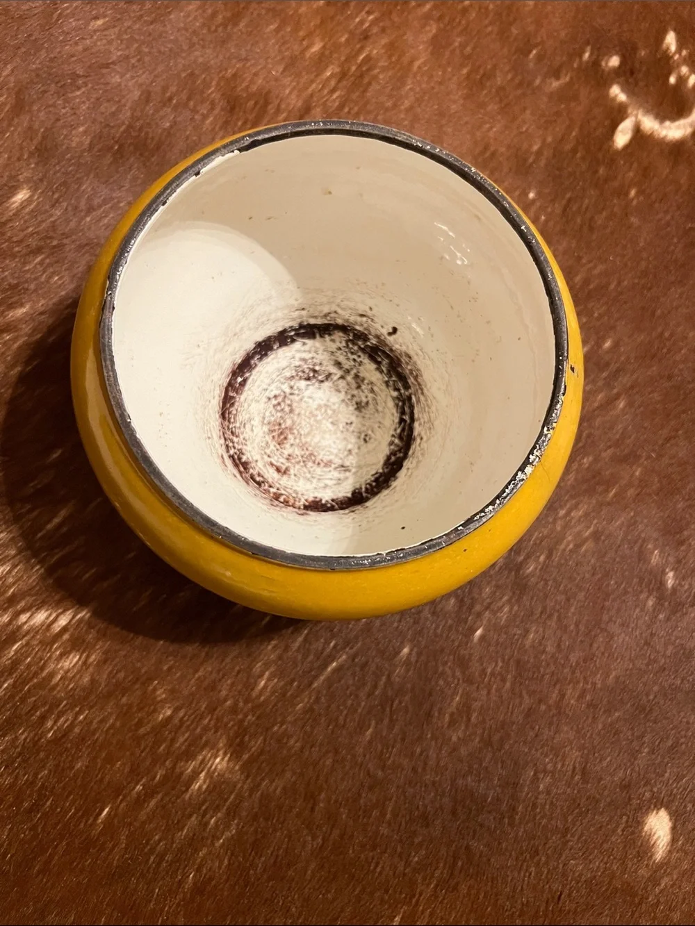 Vintage Yellow Enameled Cast Iron Mini Cauldron Pot with Lid